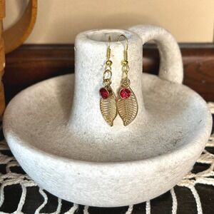 Gold‎ Leaf Earrings with Red Rhinestone Drop Dangle Fashion Jewelry for Women